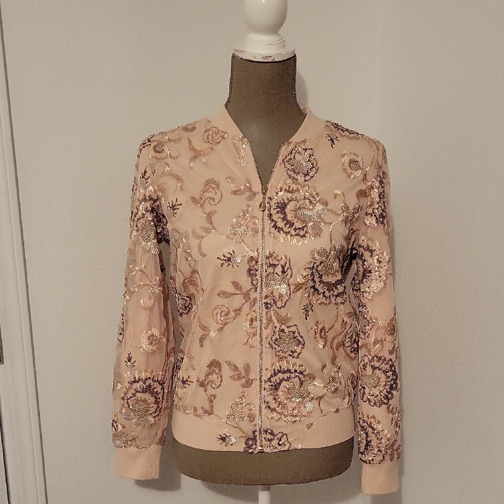 Chico's Black Label Gorgeous Embroidered Floral Jacket - Cream, Gold, Rose Gold